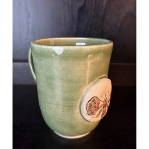Coffee Mug Spring Handmade Butterfly Tea Dimensional Shiny Green Glaze